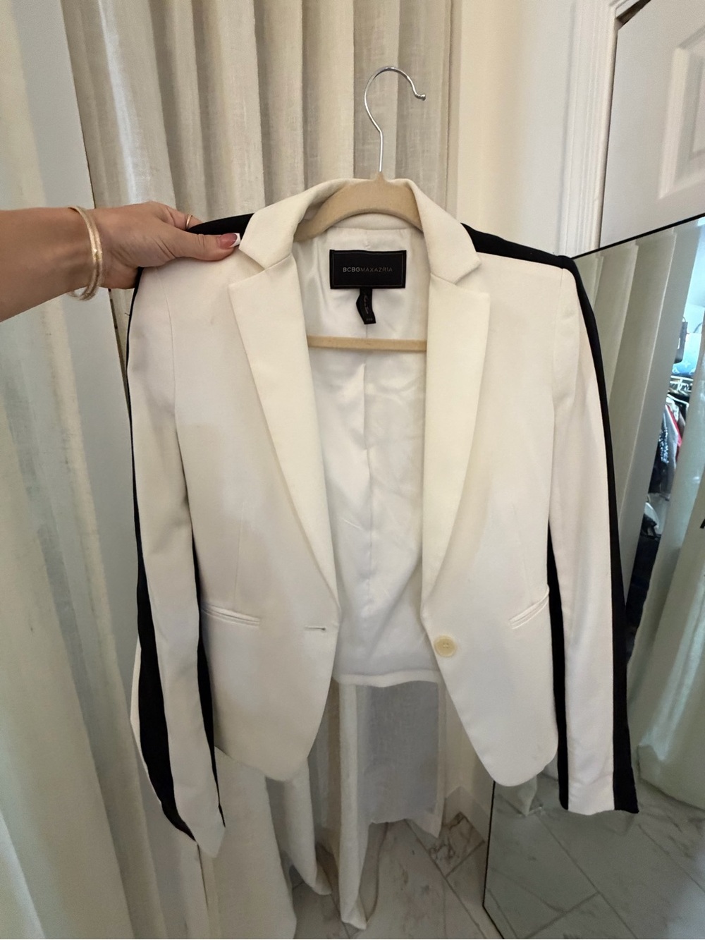 BCBG White Blazer with Black Sleeve Stripes